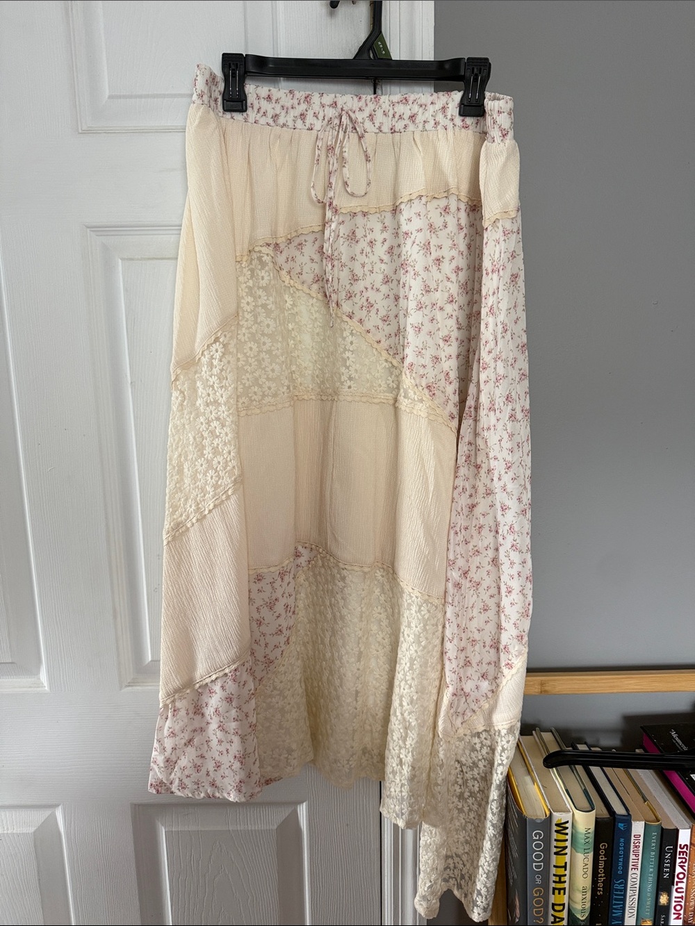 Chic Soul Asymmetrical Patchwork Maxi Skirt - Cream with Pink Floral